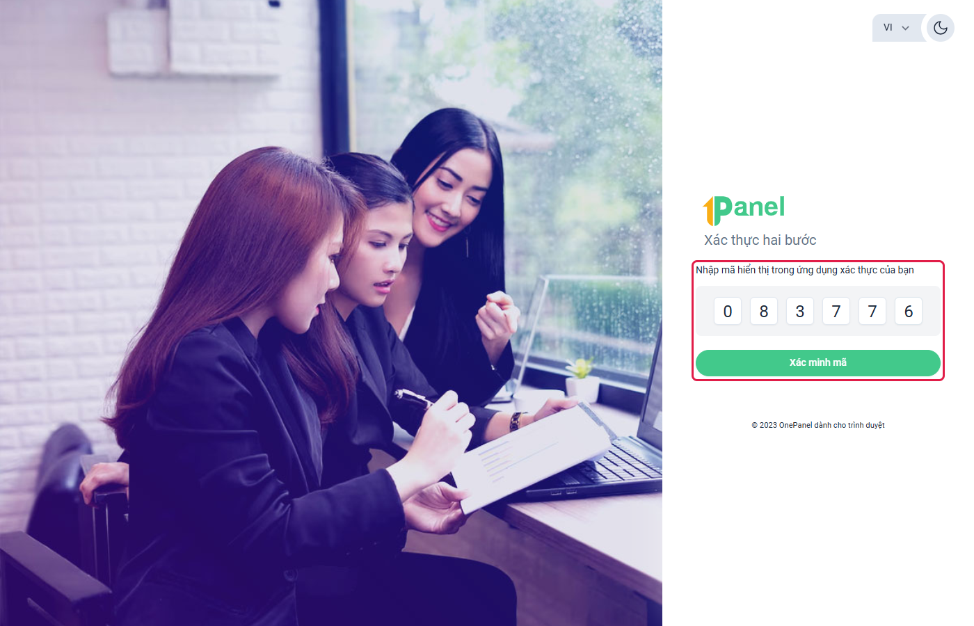 Màn hình đăng nhập Xác thực hai bước với 6 ô nhập mã và nút Xác minh mã được khoanh