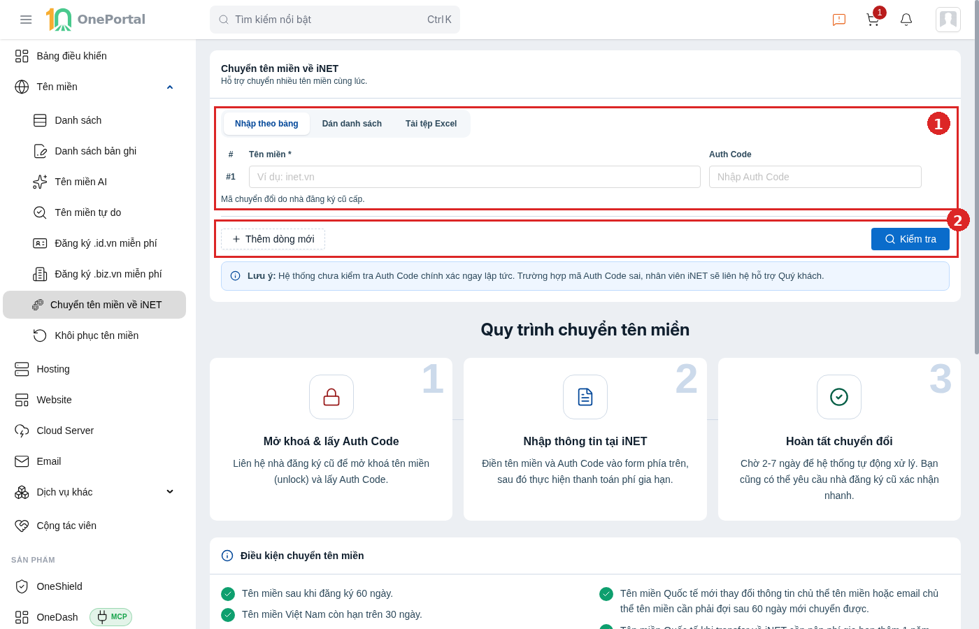 Trang Chuyển tên miền về iNET, khoanh và đánh số hai vùng: vùng 1 là khối Nhập danh sách tên miền gồm ba tab Nhập theo bảng, Dán danh sách, Tải tệp Excel cùng bảng nhập với cột số thứ tự, cột Tên miền và cột Auth Code; vùng 2 là hai nút Thêm dòng mới và Kiểm tra