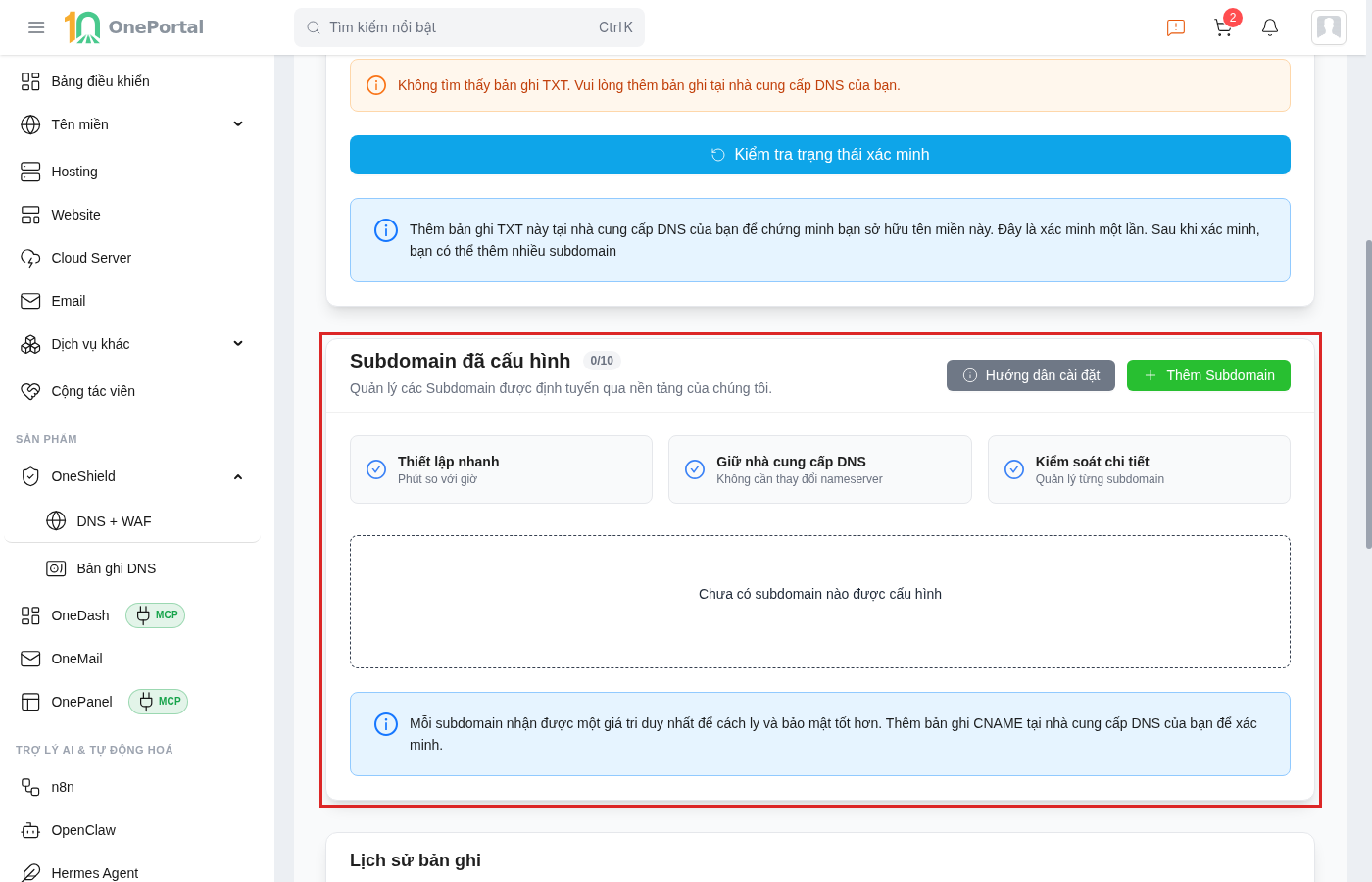 Khối Subdomain đã cấu hình trên trang Thiết lập CNAME, khoanh đỏ cả khối gồm bộ đếm 0/10, nút Hướng dẫn cài đặt, nút Thêm Subdomain và ba điểm mạnh Thiết lập nhanh, Giữ nhà cung cấp DNS, Kiểm soát chi tiết