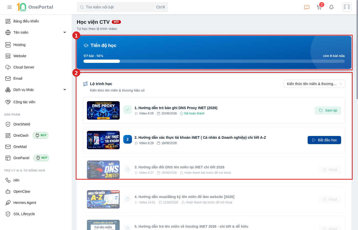 Trang Học viện CTV trên OnePortal, khoanh đỏ và đánh số hai vùng: vùng 1 là dải Tiến độ học ghi 1/7 bài, 14 % và còn 6 bài nữa; vùng 2 là khối Lộ trình học với ô chọn lộ trình và danh sách bài kèm nút Xem lại, Bắt đầu học và Khoá
