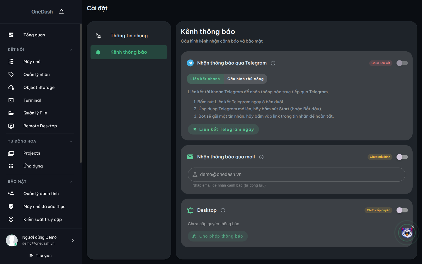 Tab Kênh thông báo trong trang Cài đặt: ba thẻ Telegram, Email và Desktop kèm nhãn trạng thái Chưa liên kết / Chưa cấu hình / Chưa cấp quyền và công tắc bật tắt từng kênh