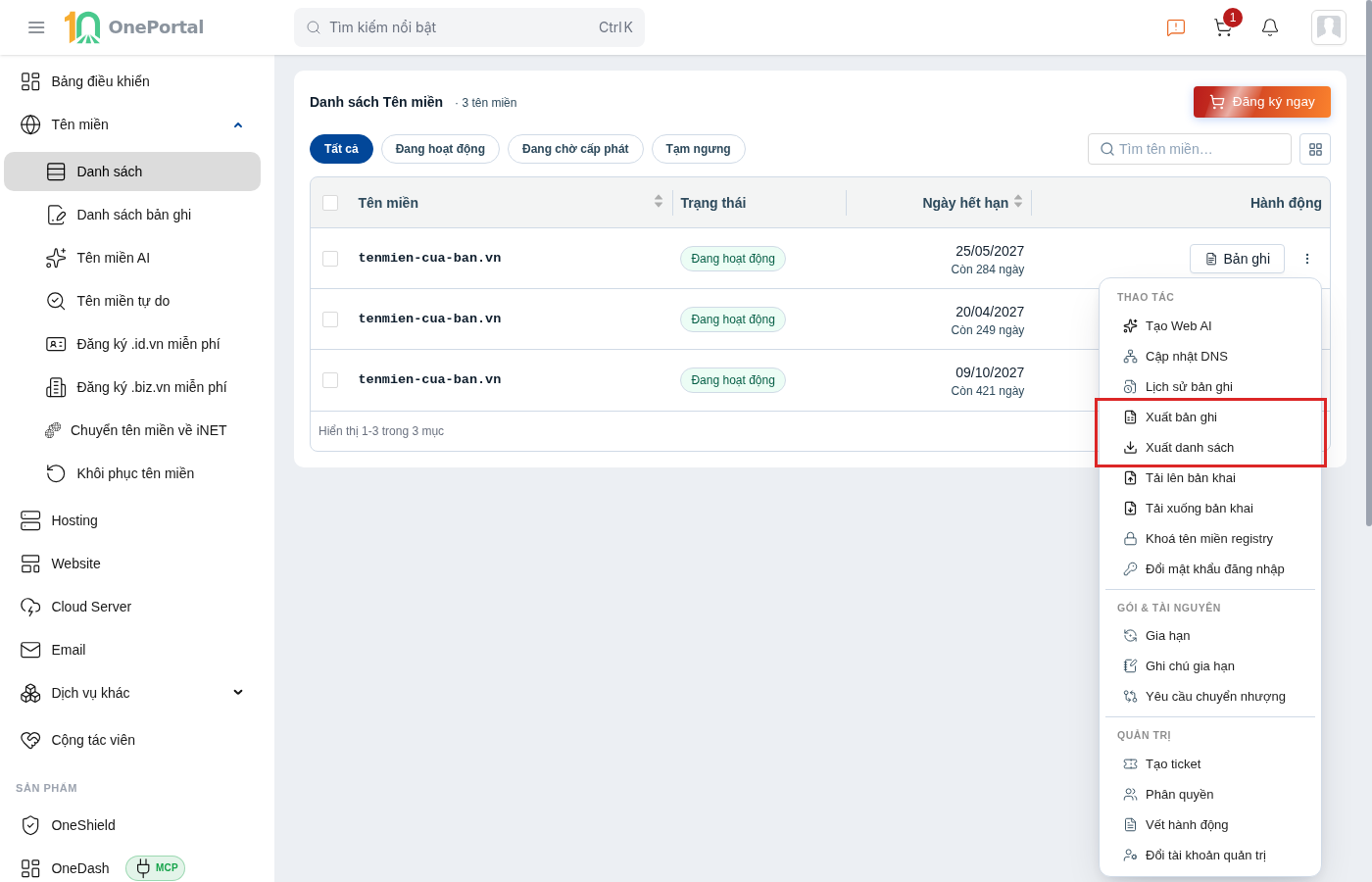 Menu hành động của một tên miền trên OnePortal, khoanh đỏ hai mục Xuất bản ghi và Xuất danh sách nằm cạnh nhau trong nhóm Thao tác