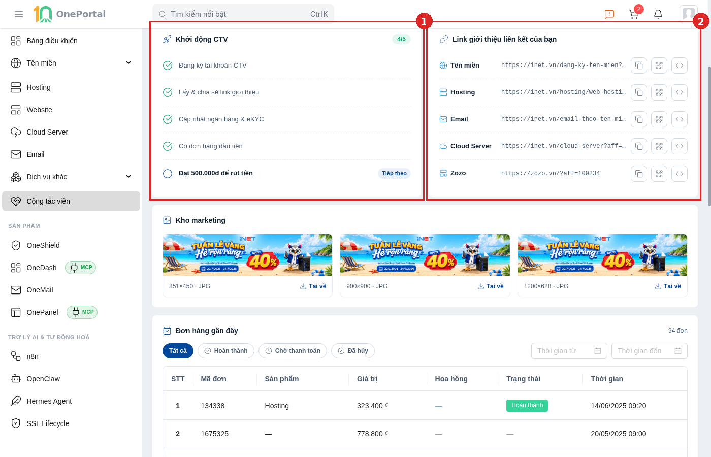 Phần giữa trang Cộng tác viên trên OnePortal, khoanh đỏ và đánh số hai vùng: vùng 1 là khối Khởi động CTV liệt kê năm mốc kèm số mốc đã hoàn thành và nhãn Tiếp theo; vùng 2 là khối Link giới thiệu liên kết của bạn với năm dòng dịch vụ Tên miền, Hosting, Email, Cloud Server, Zozo, mỗi dòng có link và ba nút biểu tượng ở cuối