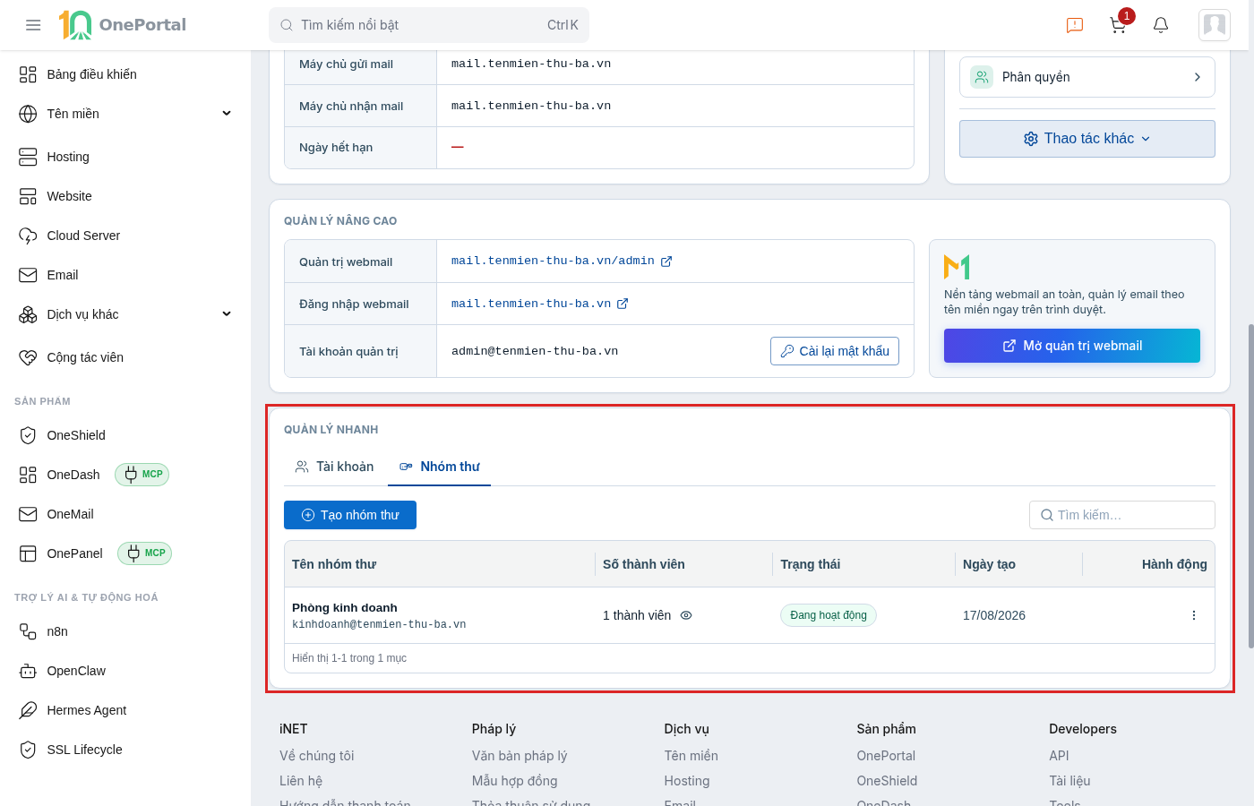 Thẻ Nhóm thư trên OnePortal sau khi thêm thành viên, khoanh đỏ bảng với cột Số thành viên hiện 1 thành viên