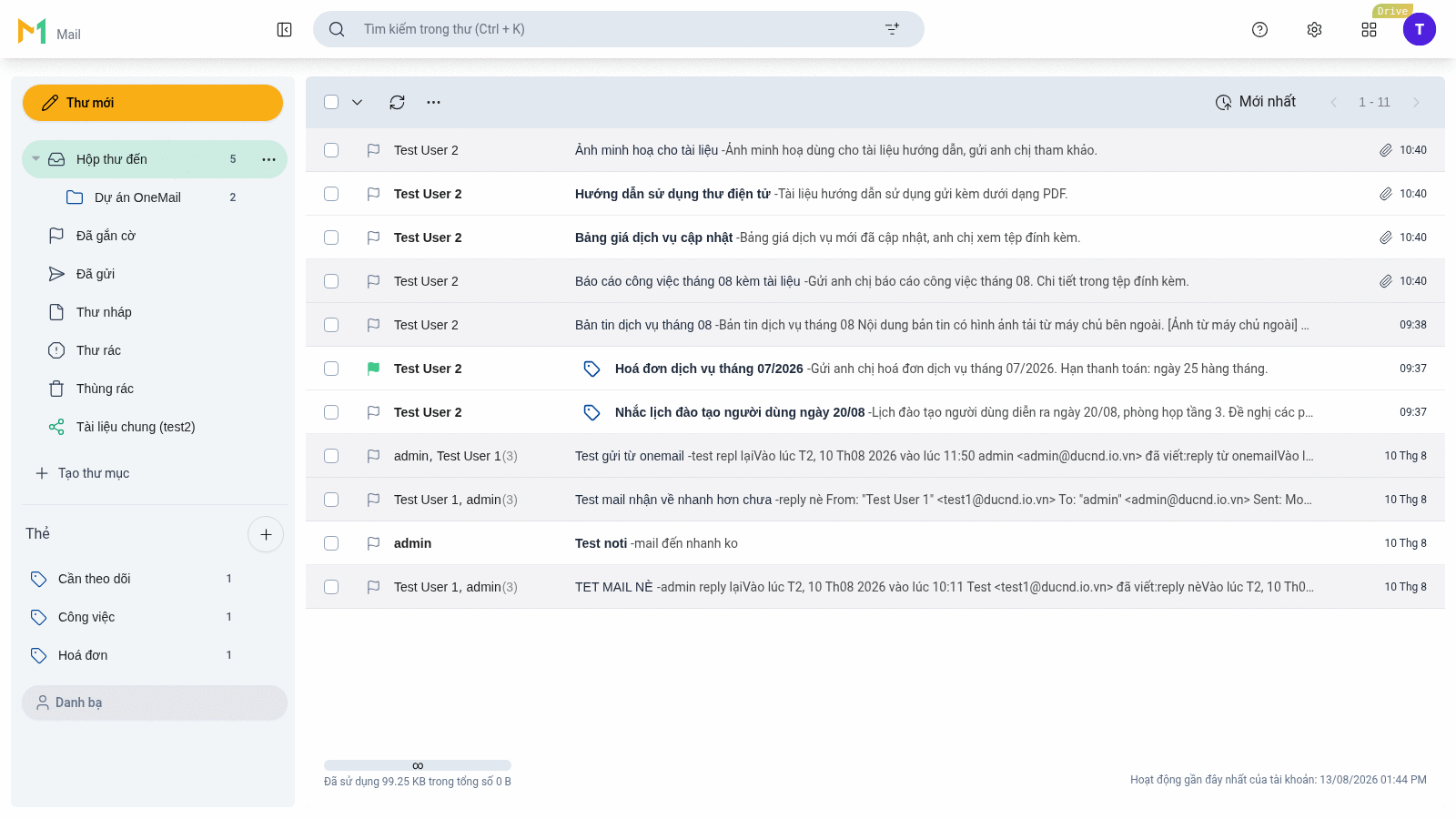 Cột trái webmail: Hộp thư đến kèm thư mục con Dự án OneMail, các thư mục Đã gắn cờ, Đã gửi, Thư nháp, Thư rác, Thùng rác, thư mục được chia sẻ Tài liệu chung (test2), nút Tạo thư mục, mục Thẻ với các thẻ Cần theo dõi, Công việc, Hoá đơn kèm số thư và mục Danh bạ