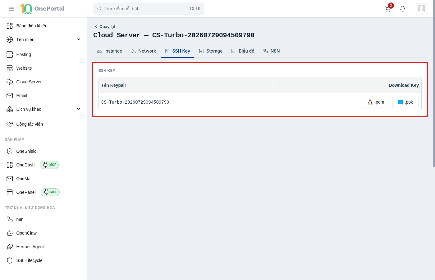 Tab SSH Key trên trang chi tiết Cloud Server, khoanh đỏ khối SSH Key gồm bảng cột Tên Keypair và cột Download Key với hai nút tải định dạng .pem và .ppk