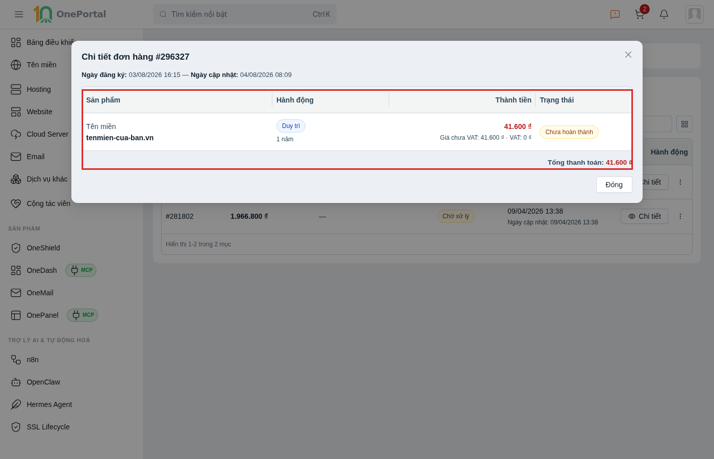 Hộp thoại Chi tiết đơn hàng của một báo giá trên OnePortal, khoanh đỏ bảng sản phẩm gồm cột Sản phẩm, Hành động, Thành tiền kèm dòng giá chưa VAT và VAT, cột Trạng thái, cùng dòng Tổng thanh toán bên dưới