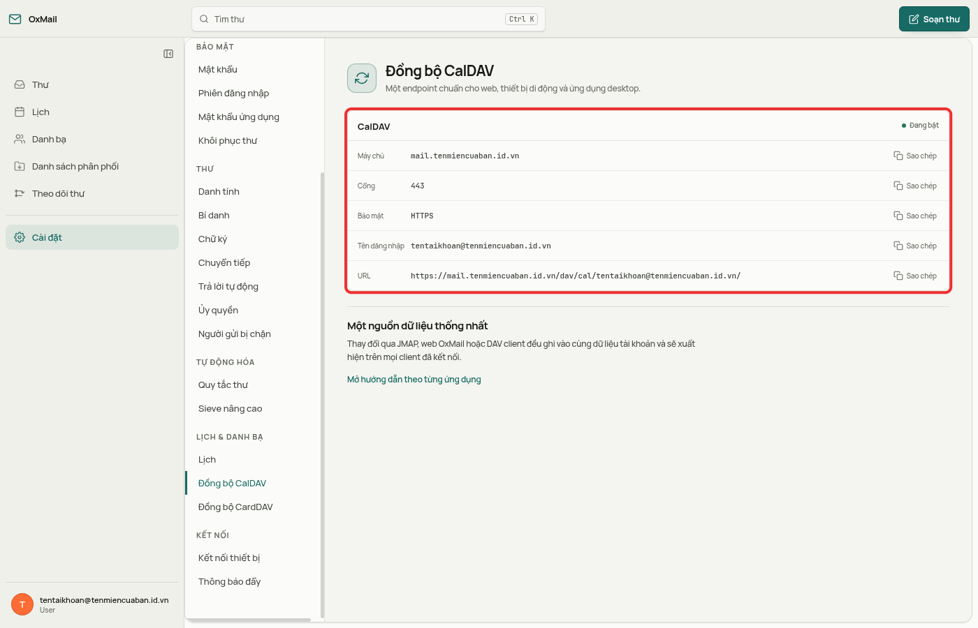 Thẻ CalDAV trên trang Đồng bộ CalDAV với Máy chủ, Cổng 443, Bảo mật HTTPS, Tên đăng nhập và URL