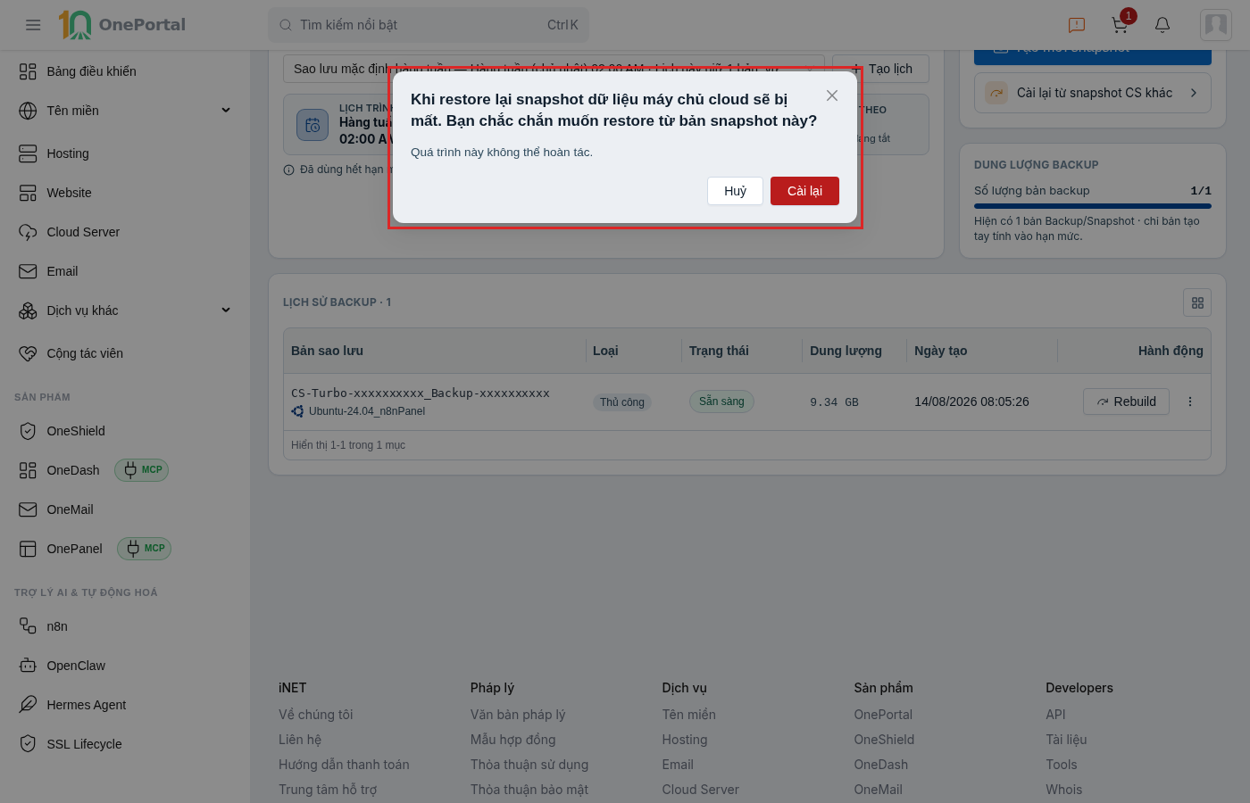 Hộp thoại xác nhận Rebuild được khoanh đỏ, nội dung khi restore lại snapshot dữ liệu máy chủ cloud sẽ bị mất, dòng lưu ý Quá trình này không thể hoàn tác, cùng hai nút Huỷ và Cài lại