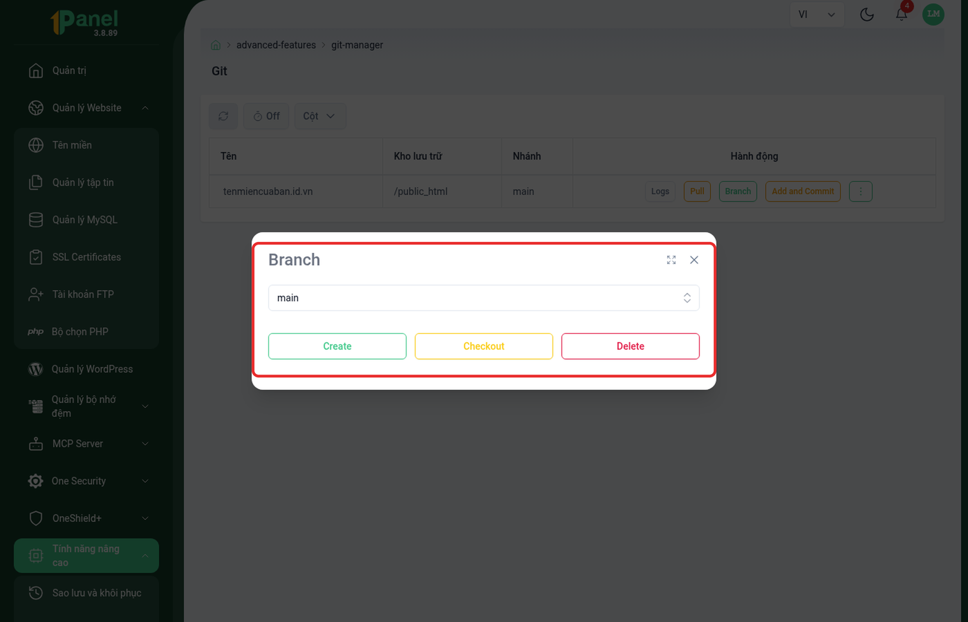 Hộp thoại Branch trên OnePanel, khoanh đỏ dropdown chọn nhánh và 3 nút Create/Checkout/Delete