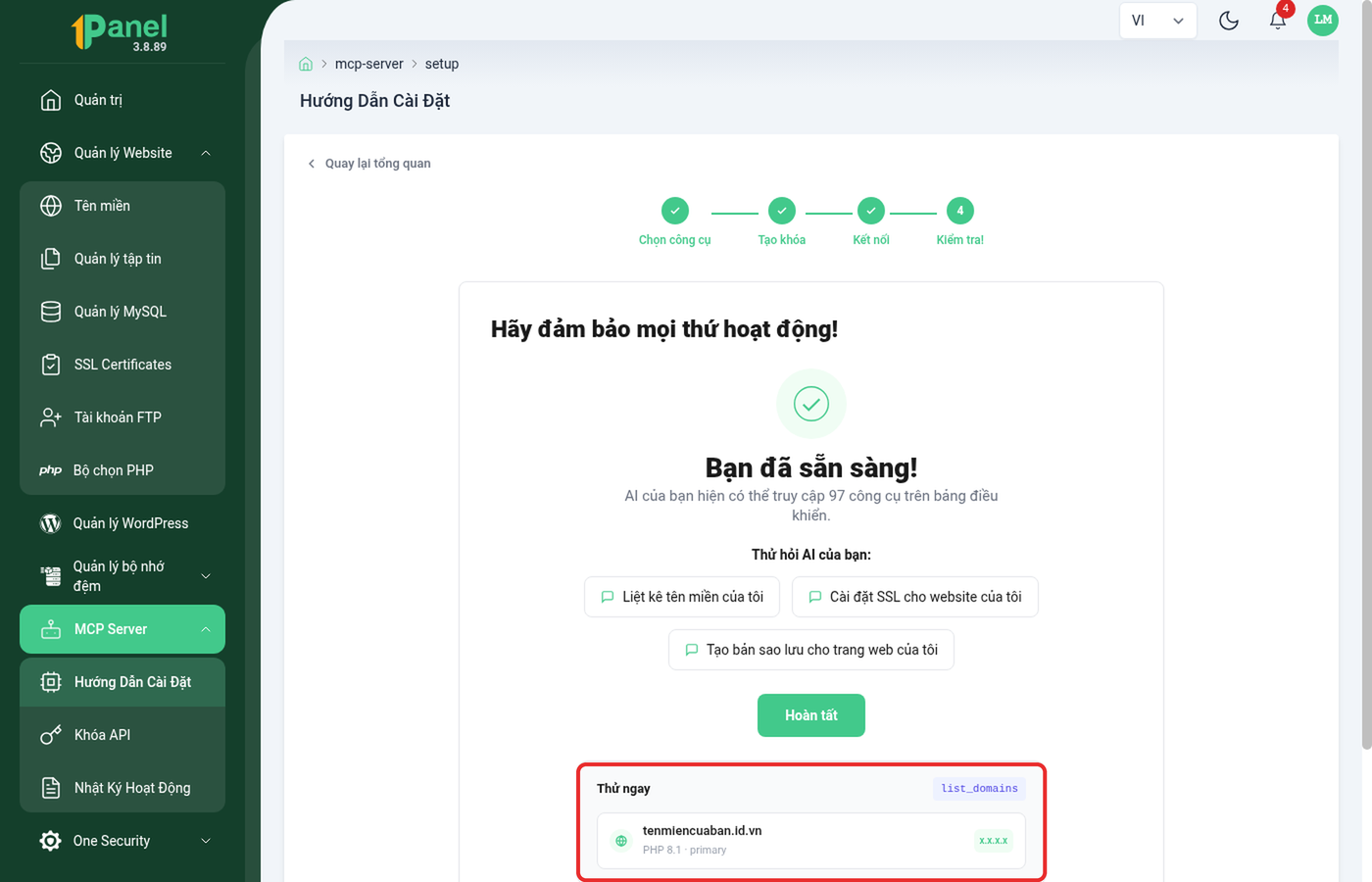 Khối Thử ngay hiển thị kết quả thật của lệnh list_domains, khoanh đỏ toàn bộ kết quả gồm tên miền, phiên bản PHP và IP