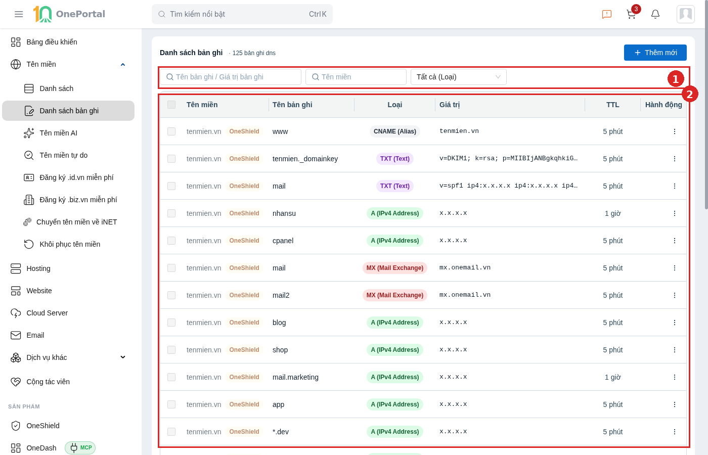 Trang Danh sách bản ghi DNS toàn tài khoản, khoanh đỏ và đánh số hai vùng: vùng 1 là hàng lọc gồm ô tìm theo tên hoặc giá trị bản ghi, ô lọc theo tên miền và bộ chọn loại bản ghi; vùng 2 là bảng gồm các cột Tên miền, Tên bản ghi, Loại, Giá trị, TTL và Hành động