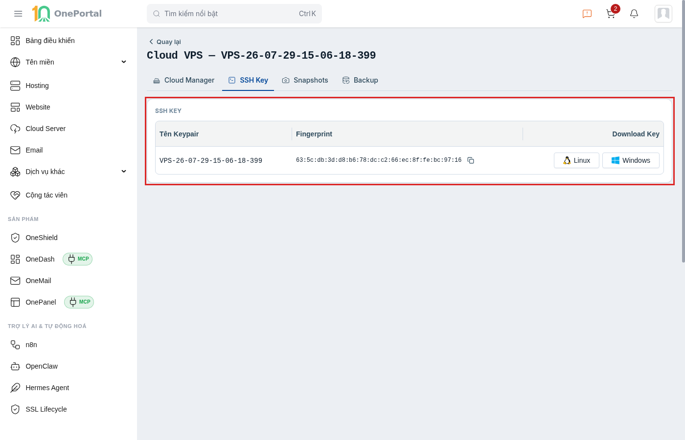 Tab SSH Key trên trang chi tiết Cloud VPS, khoanh đỏ khối SSH Key gồm bảng cột Tên Keypair, cột Fingerprint và cột Download Key với hai nút tải Linux và Windows