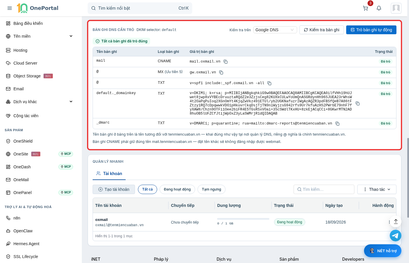 Khối Bản ghi DNS cần trỏ trên OnePortal được khoanh đỏ: ô Kiểm tra trên Google DNS, nút Kiểm tra bản ghi, nút Trỏ bản ghi tự động, dòng Tất cả bản ghi đã trỏ đúng và bảng năm bản ghi CNAME, MX, SPF, DKIM, DMARC đều ở trạng thái Đã trỏ