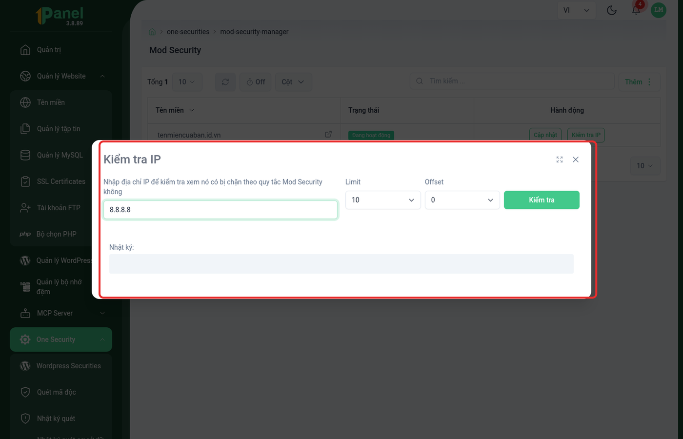 Hộp thoại Kiểm tra IP trên OnePanel, khoanh đỏ toàn bộ form gồm ô nhập IP, Limit/Offset và khối Nhật ký