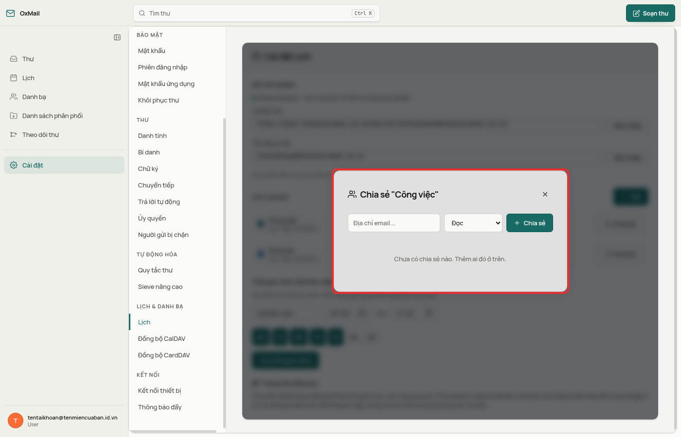 Hộp Chia sẻ "Công việc" với ô Địa chỉ email, danh sách quyền đang chọn Đọc, nút + Chia sẻ và dòng Chưa có chia sẻ nào