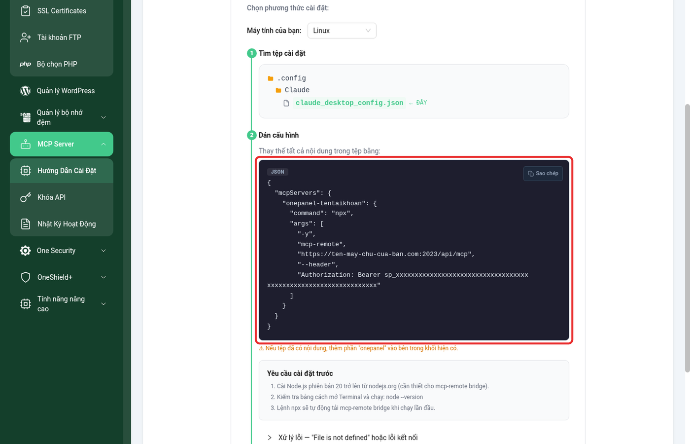 Khối cấu hình JSON để dán vào tệp cấu hình Claude Desktop, khoanh đỏ toàn bộ khối mã