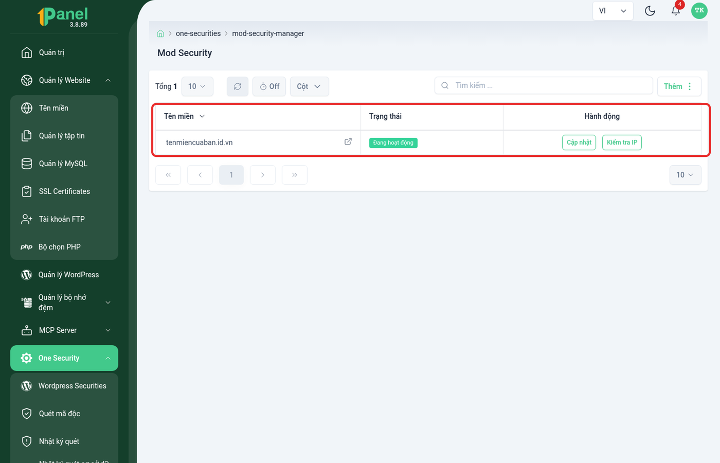 Bảng Mod Security trên OnePanel, khoanh đỏ dòng tên miền với trạng thái Đang hoạt động và các nút hành động