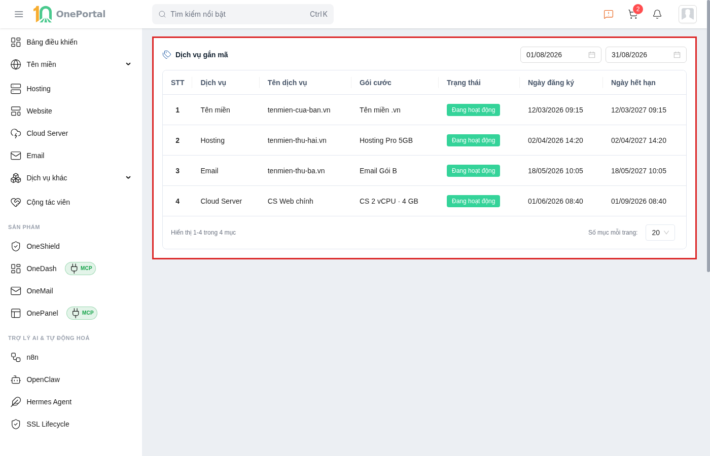Trang Dịch vụ gắn mã trên OnePortal, khoanh đỏ khối bảng dịch vụ gồm hai ô chọn khoảng ngày và bảng bảy cột STT, Dịch vụ, Tên dịch vụ, Gói cước, Trạng thái, Ngày đăng ký, Ngày hết hạn với bốn dòng tên miền, hosting, email và Cloud Server đều đang hoạt động