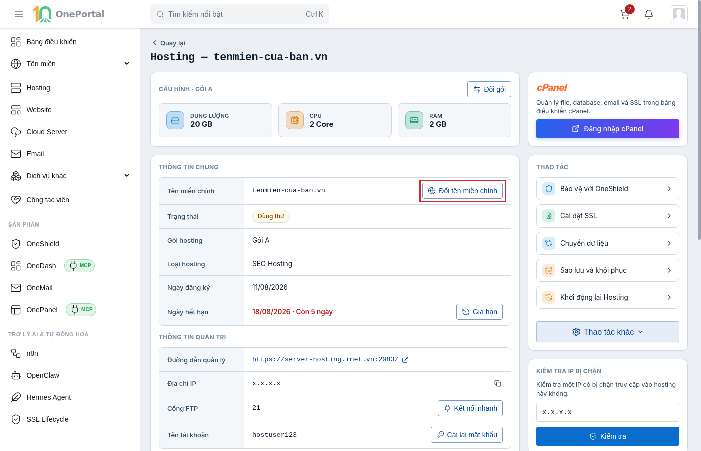 Trang chi tiết hosting, khối Thông tin chung với dòng Tên miền chính; nút Đổi tên miền chính được khoanh đỏ