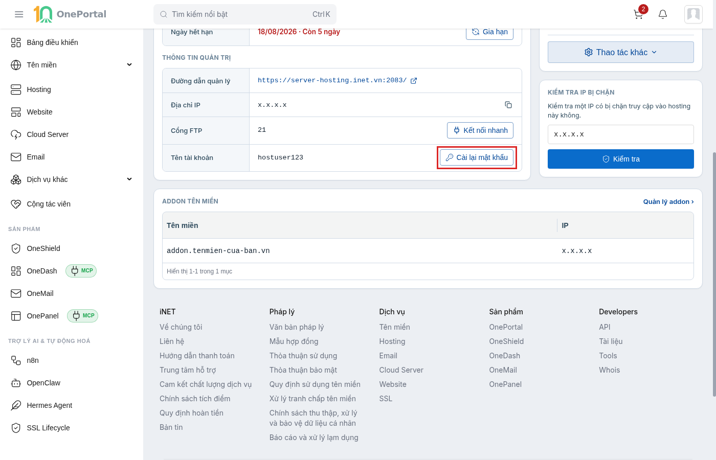 Khối Thông tin quản trị trên trang chi tiết hosting, gồm các dòng Đường dẫn quản lý, Địa chỉ IP, Cổng FTP và Tên tài khoản; nút Cài lại mật khẩu ở dòng Tên tài khoản được khoanh đỏ