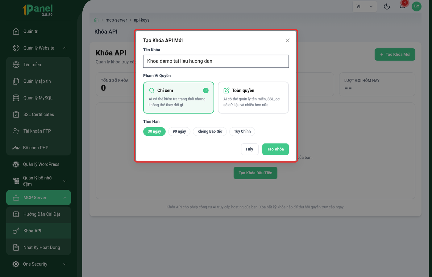 Form Tạo Khóa API Mới trên OnePanel, khoanh đỏ toàn bộ hộp thoại gồm tên khóa, phạm vi quyền và thời hạn