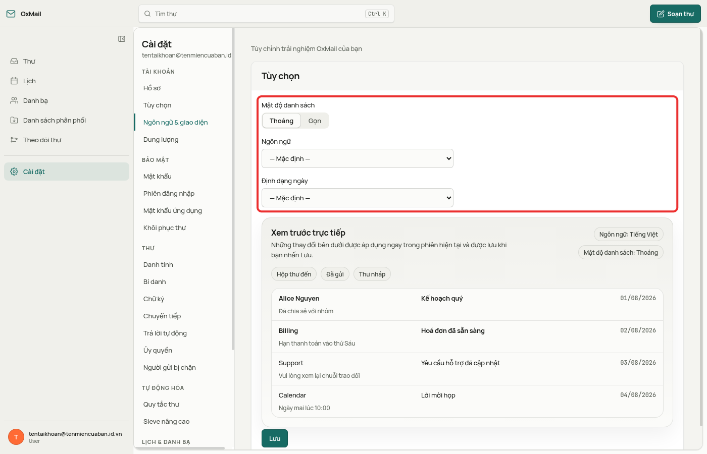 Ba ô Mật độ danh sách, Ngôn ngữ và Định dạng ngày được khoanh đỏ trên trang Cài đặt › Ngôn ngữ & giao diện