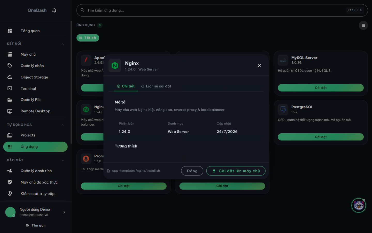 Cửa sổ chi tiết ứng dụng Nginx: mô tả, phiên bản, danh mục, ngày cập nhật, mục Tương thích và nút Cài đặt lên máy chủ