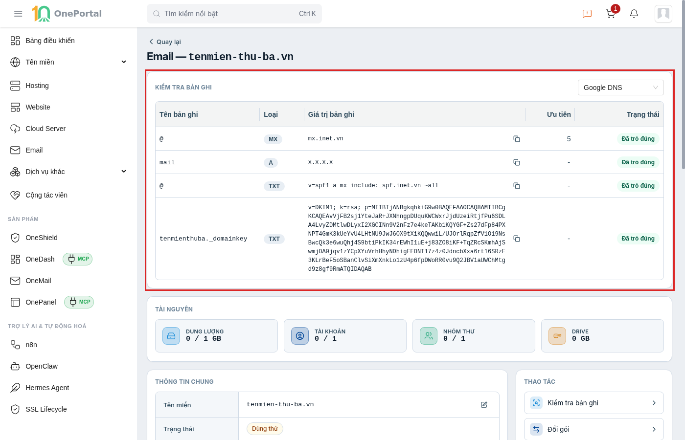Bảng Kiểm tra bản ghi trên trang chi tiết email sau khi ghi bản ghi, khoanh đỏ cả bảng với bốn dòng MX, A, TXT SPF và TXT DKIM đều ở trạng thái Đã trỏ đúng, dải cảnh báo đỏ đã biến mất