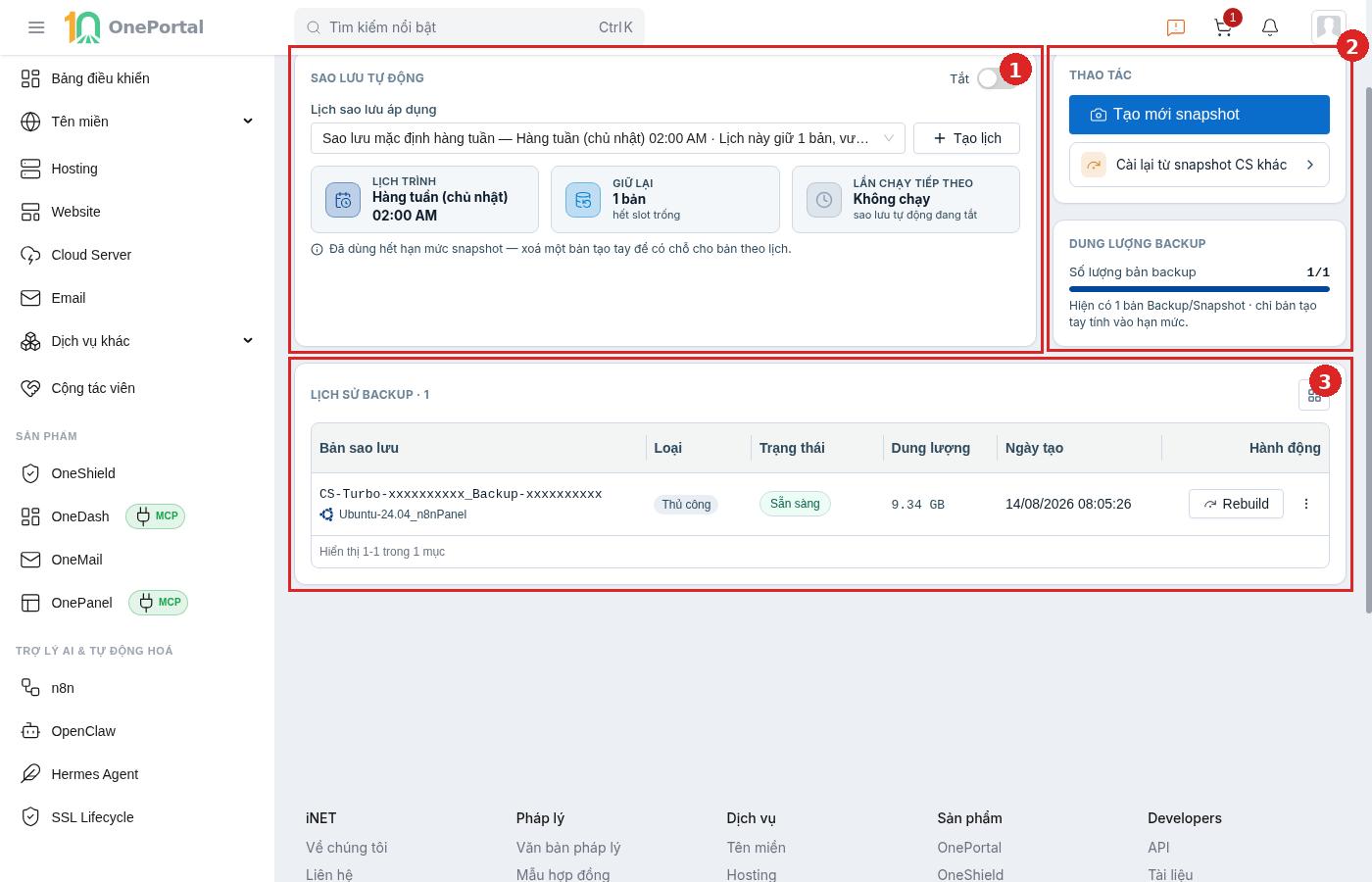 Tab Storage trên trang chi tiết Cloud Server, khoanh đỏ và đánh số ba vùng: vùng 1 là khối Sao lưu tự động với công tắc, ô chọn lịch, nút Tạo lịch và ba ô Lịch trình, Giữ lại, Lần chạy tiếp theo; vùng 2 là cột bên phải gồm khối Thao tác và khối Dung lượng backup; vùng 3 là bảng Lịch sử backup