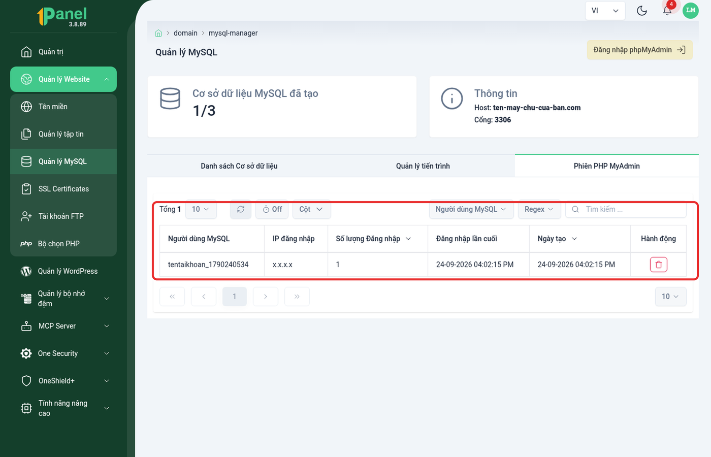 Bảng Phiên PHP MyAdmin trên OnePanel, khoanh đỏ dòng phiên đăng nhập kèm IP và thời gian