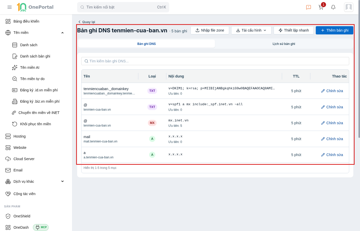 Trang Bản ghi DNS của một tên miền trên OnePortal, khoanh đỏ toàn khu nội dung gồm hàng tiêu đề với bốn nút, hai tab con, ô tìm kiếm và bảng bản ghi