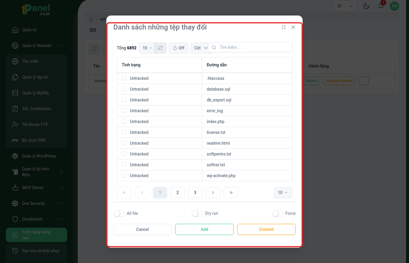 Hộp thoại Add and Commit trên OnePanel, khoanh đỏ danh sách tệp thay đổi kèm 3 công tắc và 2 nút Add/Commit