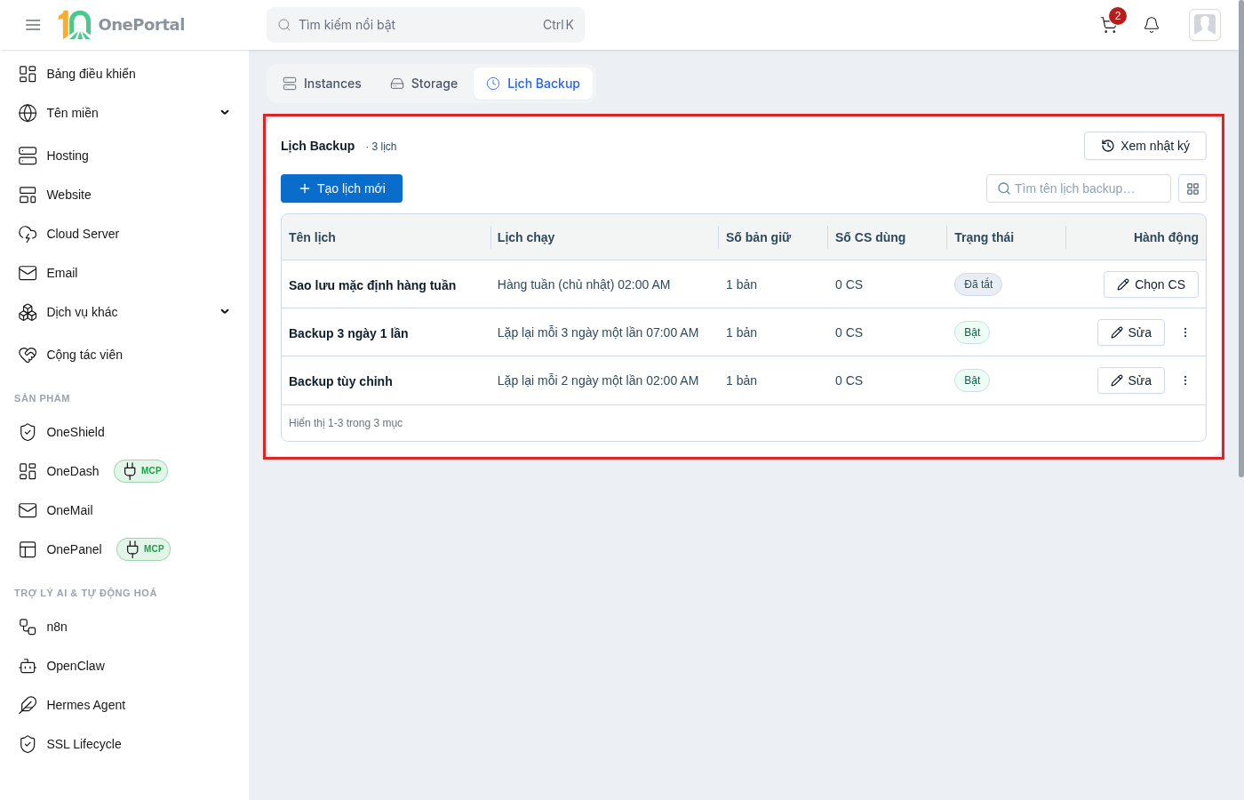 Thẻ Lịch Backup của Cloud Server, khoanh đỏ khối danh sách lịch gồm nút Xem nhật ký, Tạo lịch mới, ô tìm và bảng các lịch sao lưu