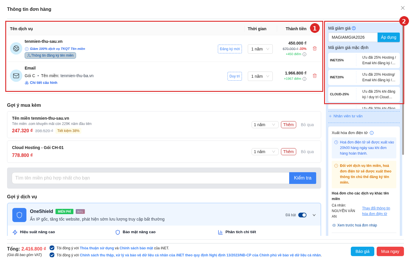 Giỏ hàng khi gia hạn dịch vụ trên OnePortal, khoanh đỏ và đánh số hai vùng: vùng 1 là khối đơn hàng gồm bảng Tên dịch vụ, Thời gian, Thành tiền với hai dòng dịch vụ; vùng 2 là khối Mã giảm giá ở bên phải kèm danh sách mã có sẵn