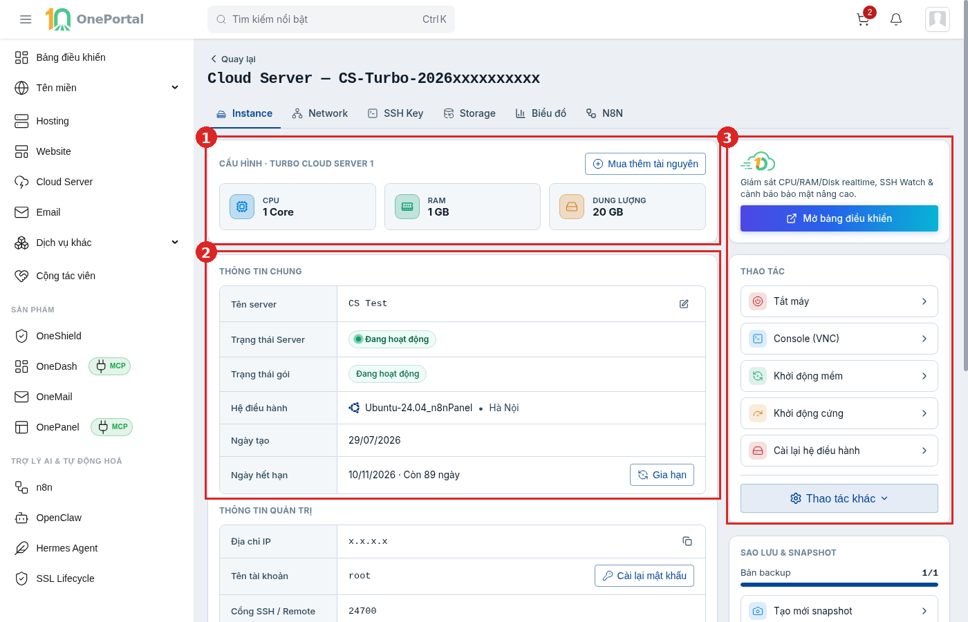 Phần trên tab Instance trên trang chi tiết Cloud Server, khoanh đỏ và đánh số ba vùng: vùng 1 là khối Cấu hình, vùng 2 là khối Thông tin chung, vùng 3 là cột bên phải gồm thẻ OneDash và khối Thao tác