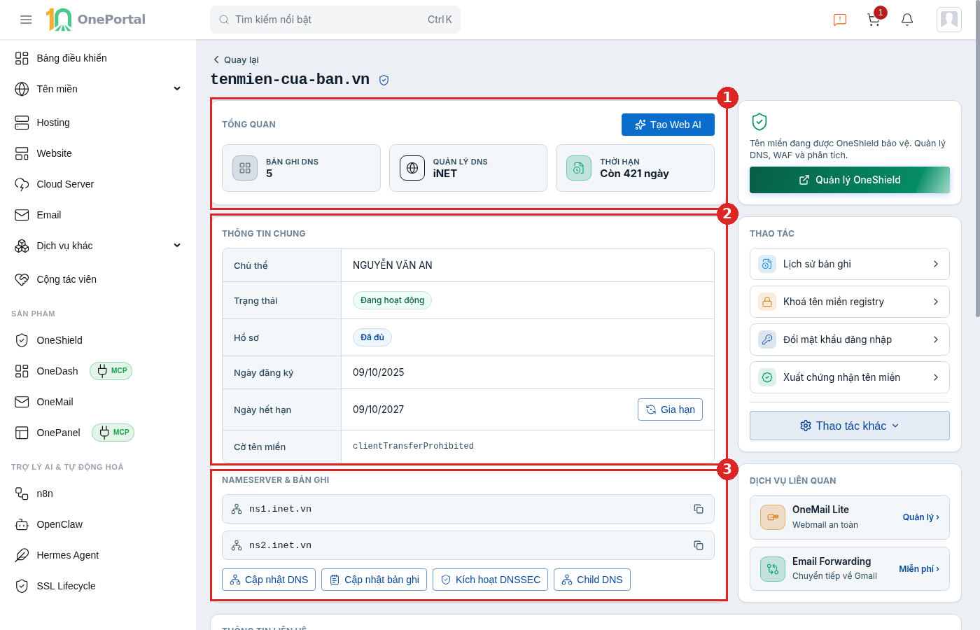 Trang chi tiết tên miền trên OnePortal, khoanh đỏ và đánh số ba vùng ở cột bên trái: vùng 1 là khối Tổng quan, vùng 2 là Thông tin chung, vùng 3 là Nameserver và bản ghi
