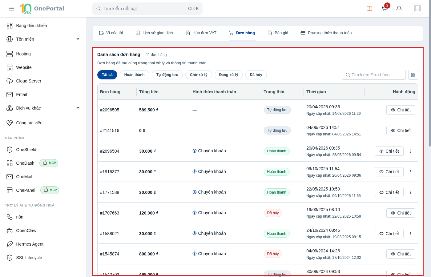 Tab Đơn hàng trên OnePortal, khoanh đỏ toàn khối gồm hàng tiêu đề Danh sách đơn hàng kèm tổng số đơn, sáu thẻ lọc Tất cả, Hoàn thành, Tự động lưu, Chờ xử lý, Đang xử lý, Đã hủy, ô tìm kiếm và bảng các cột Đơn hàng, Tổng tiền, Hình thức thanh toán, Trạng thái, Thời gian kèm ngày cập nhật và Hành động