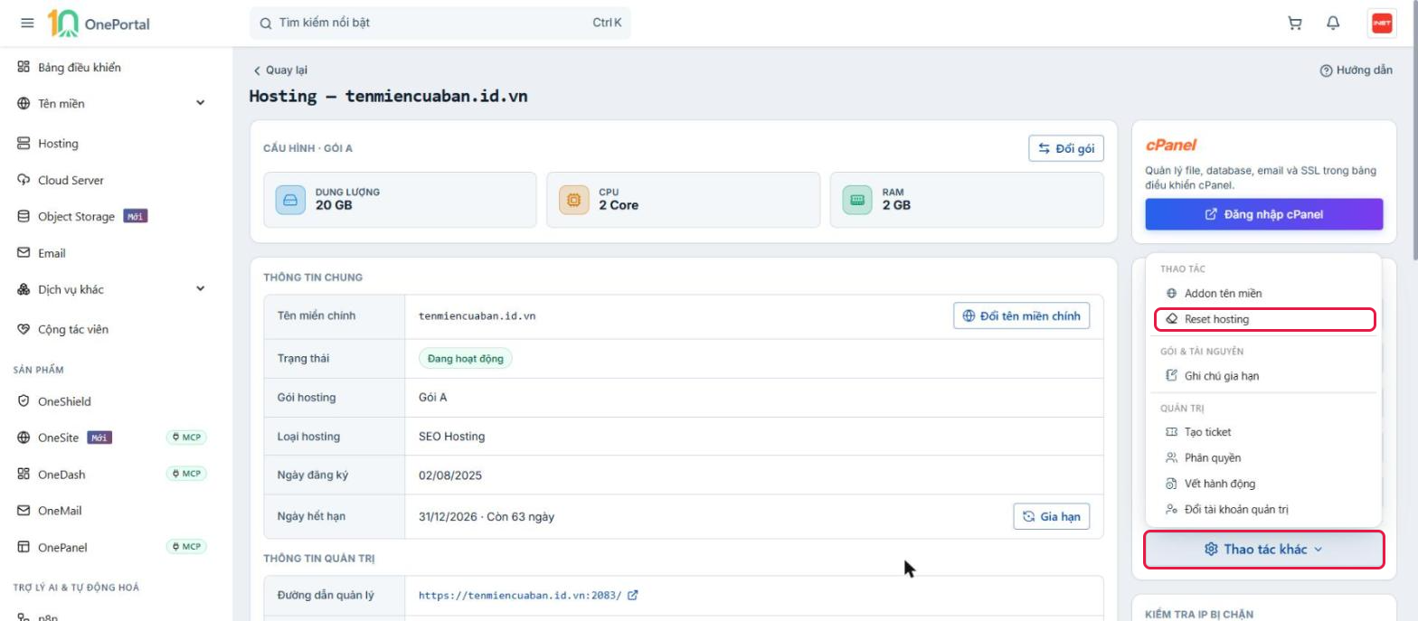 Trang chi tiết hosting với menu Thao tác khác đang mở, khoanh nút Thao tác khác và mục Reset hosting