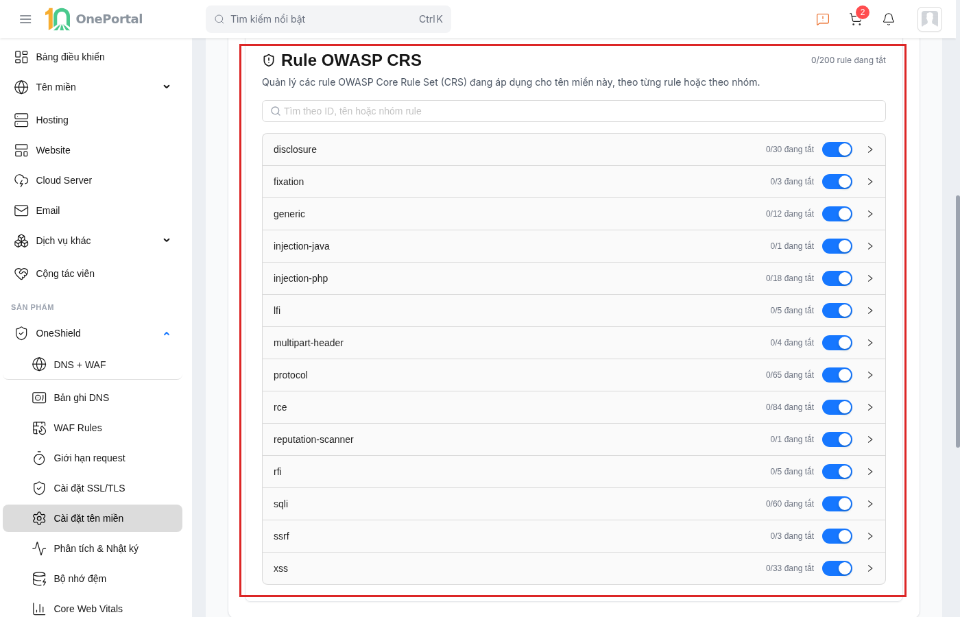 Khối Rule OWASP CRS trên OneShield, khoanh đỏ cả khối gồm ô tìm theo ID hoặc tên rule và danh sách mười bốn nhóm rule (disclosure, fixation, generic, injection-java, injection-php, lfi, multipart-header, protocol, rce, reputation-scanner, rfi, sqli, ssrf, xss), mỗi nhóm có công tắc riêng