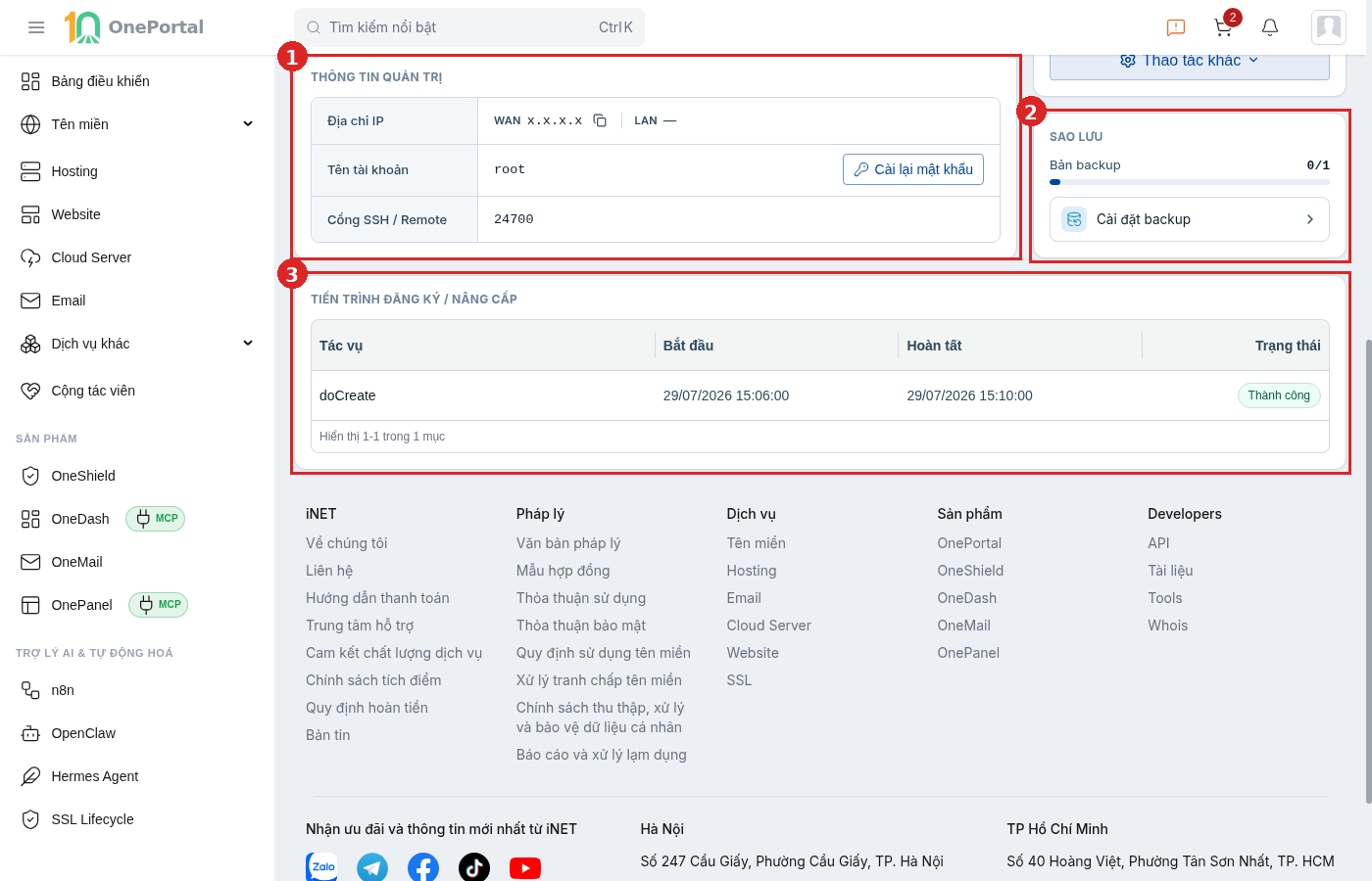 Phần dưới tab Cloud Manager của Cloud VPS, khoanh đỏ và đánh số ba vùng: vùng 1 là khối Thông tin quản trị gồm Địa chỉ IP tách WAN và LAN, Tên tài khoản kèm nút Cài lại mật khẩu, Cổng SSH / Remote; vùng 2 là khối Sao lưu; vùng 3 là khối Tiến trình đăng ký / nâng cấp