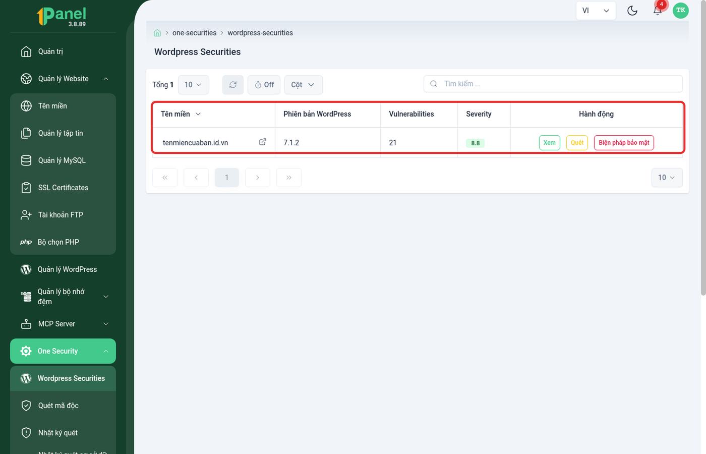 Bảng Wordpress Securities trên OnePanel, khoanh đỏ dòng dữ liệu tên miền với phiên bản WordPress, số lỗ hổng và điểm Severity