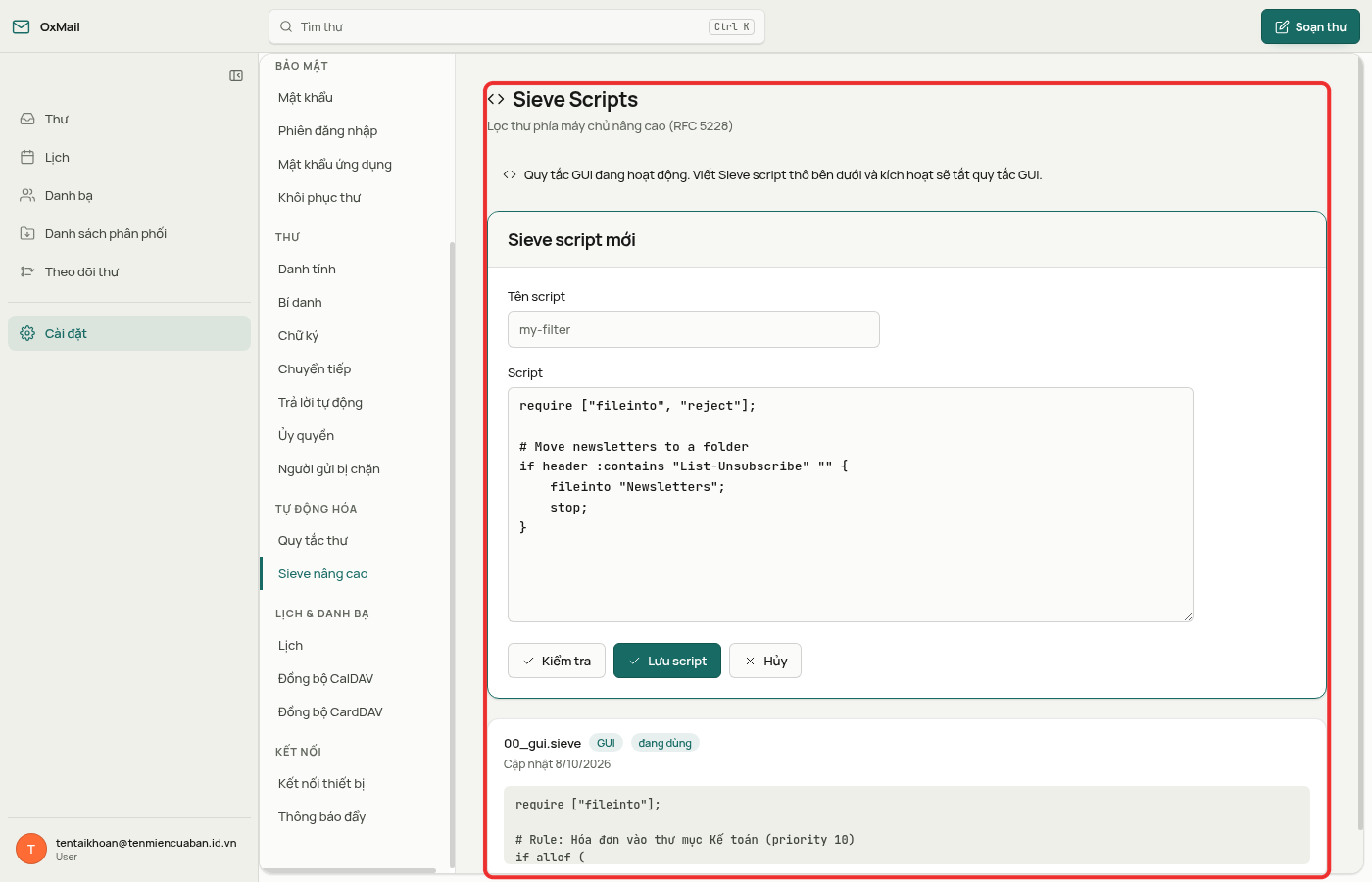 Trang Sieve nâng cao: cảnh báo Quy tắc GUI đang hoạt động, biểu mẫu Sieve script mới và script 00_gui.sieve
