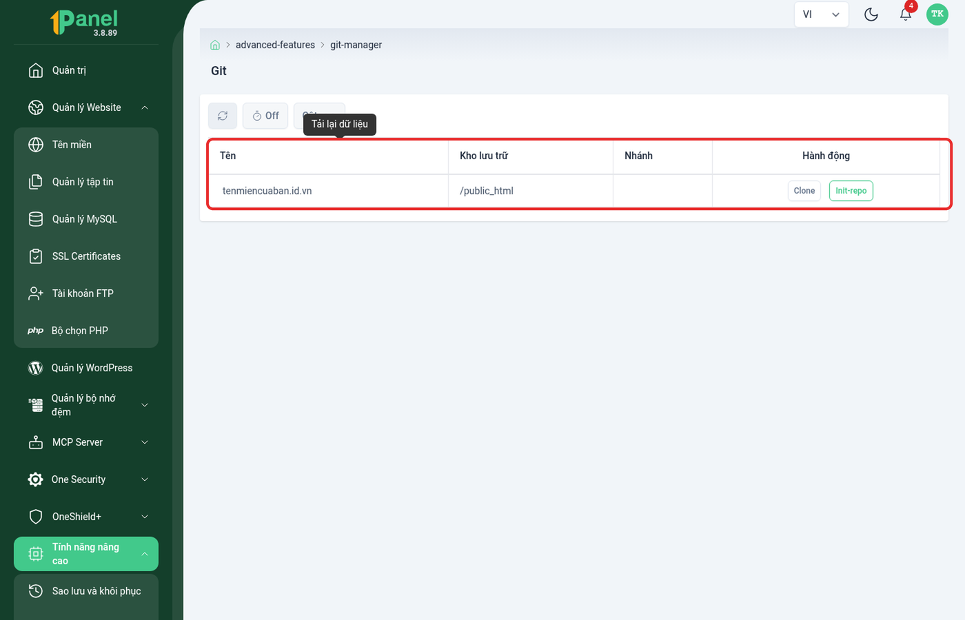 Bảng Git trên OnePanel, khoanh đỏ dòng tên miền với đường dẫn kho lưu trữ và nút Clone/Init-repo
