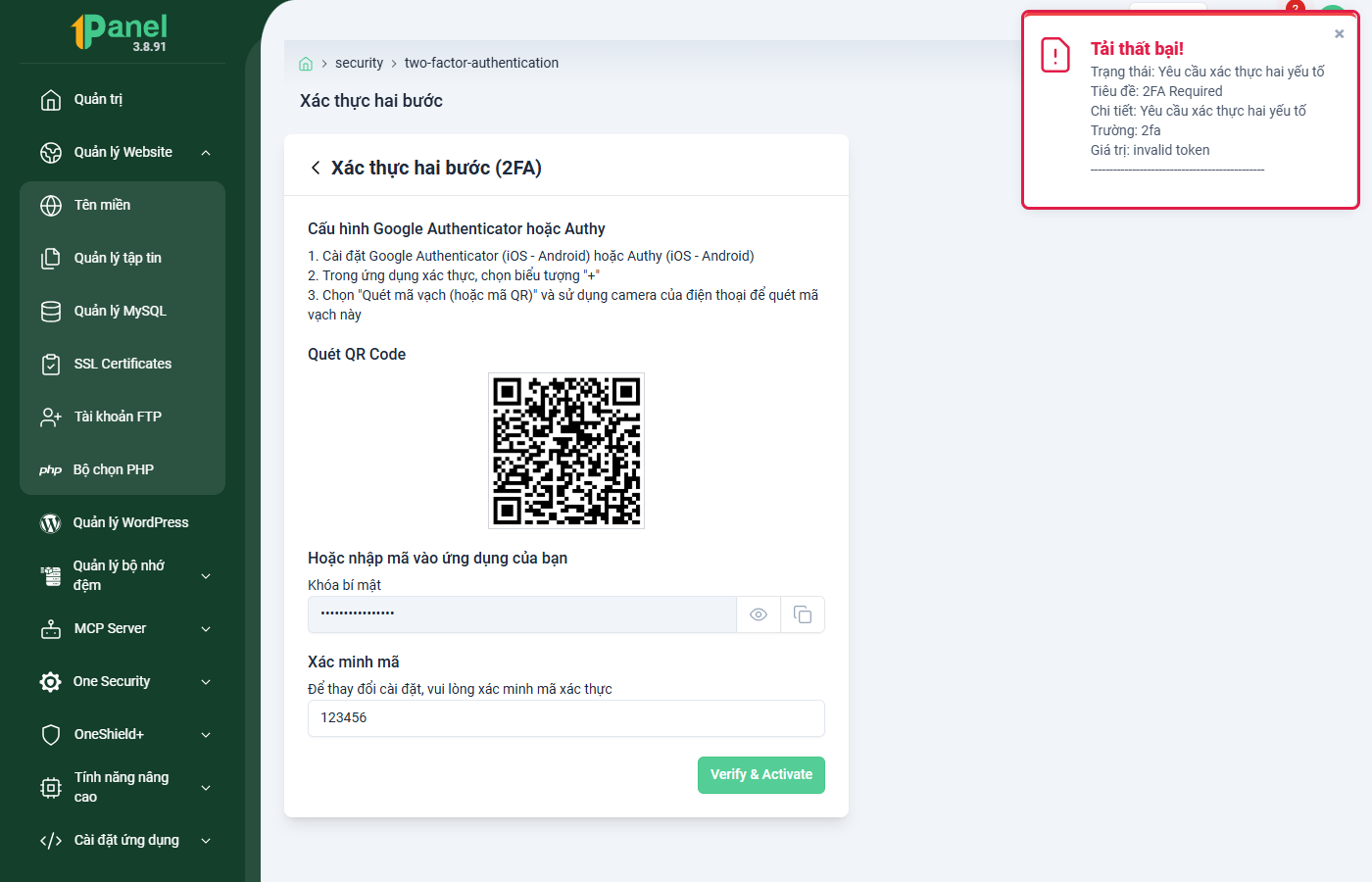 Thông báo lỗi Tải thất bại với giá trị invalid token ở góc trên bên phải