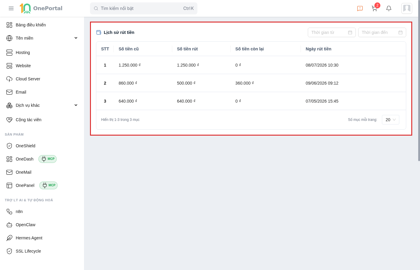 Trang Lịch sử rút tiền trên OnePortal, khoanh đỏ khối bảng lịch sử gồm hai ô chọn khoảng ngày và bảng năm cột STT, Số tiền cũ, Số tiền rút, Số tiền còn lại, Ngày rút tiền với ba lần chi trả