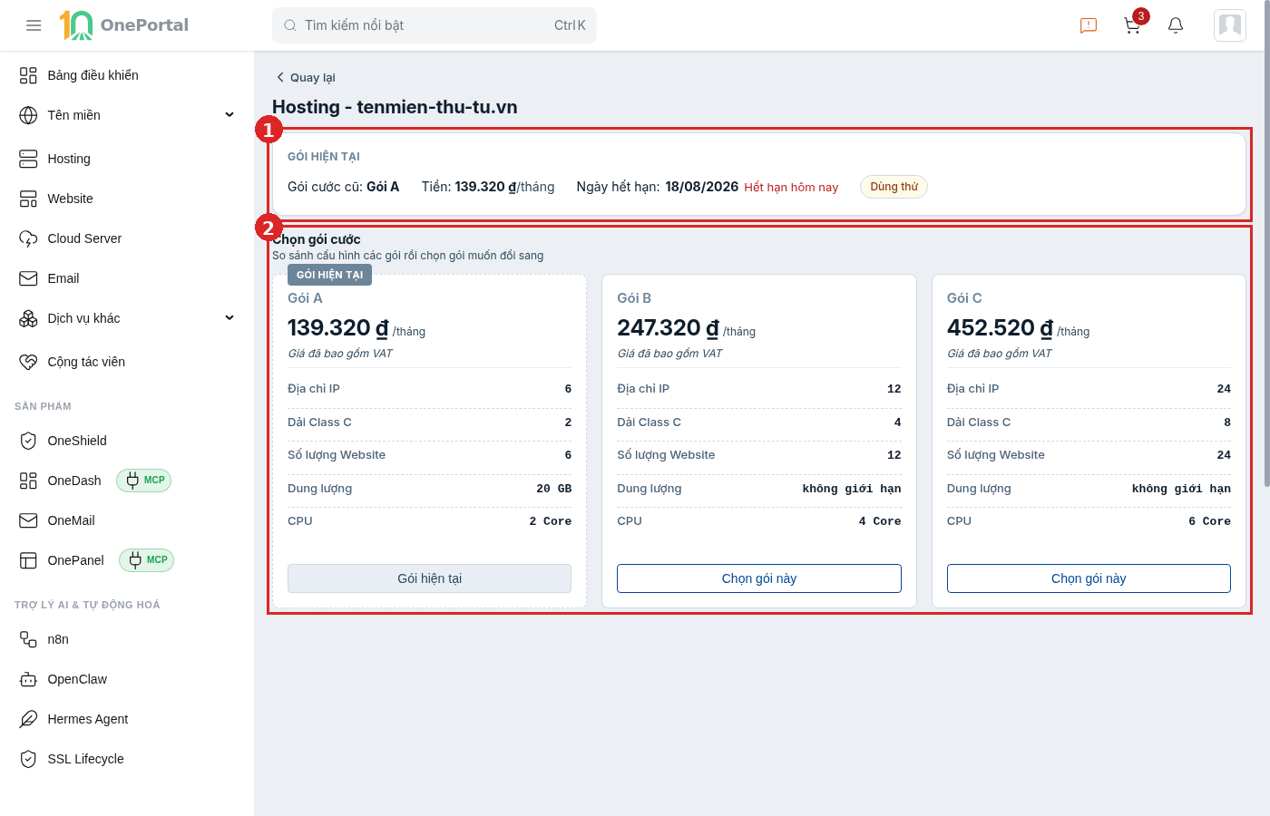 Trang Đổi gói của một hosting trên OnePortal, khoanh đỏ và đánh số hai vùng: vùng 1 là dải Gói hiện tại ghi tên gói cũ, giá theo tháng, ngày hết hạn và trạng thái; vùng 2 là khối Chọn gói cước với ba thẻ gói xếp cạnh nhau, mỗi thẻ ghi giá và các thông số Địa chỉ IP, Dải Class C, Số lượng Website, Dung lượng, CPU, thẻ gói đang dùng gắn nhãn Gói hiện tại