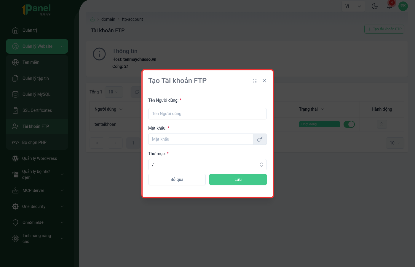 Dialog tạo tài khoản FTP mới trên OnePanel, khoanh đỏ toàn bộ form