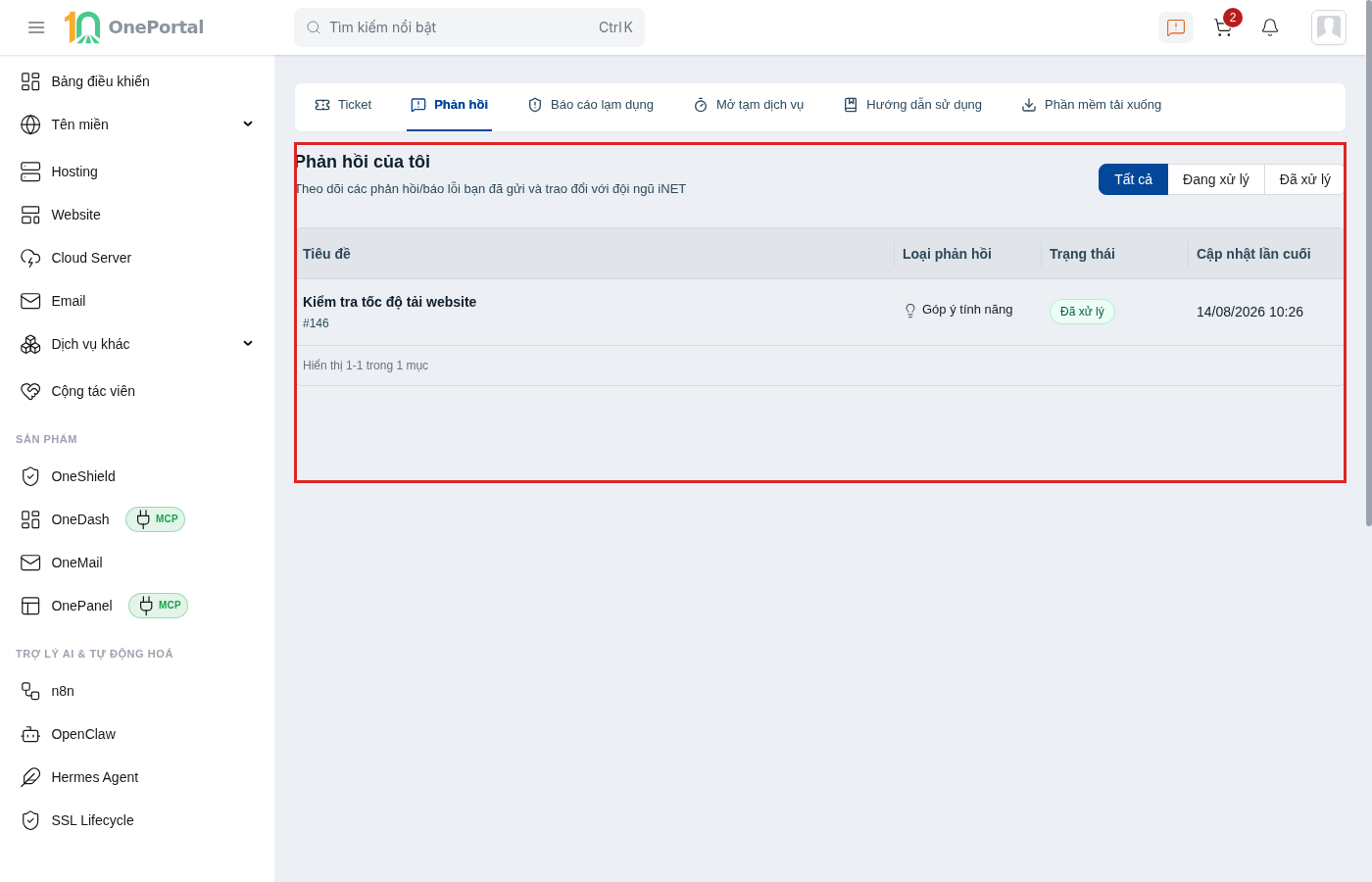 Tab Phản hồi trên OnePortal, khoanh đỏ khối Phản hồi của tôi gồm ba nút lọc Tất cả, Đang xử lý, Đã xử lý và bảng với các cột Tiêu đề, Loại phản hồi, Trạng thái, Cập nhật lần cuối