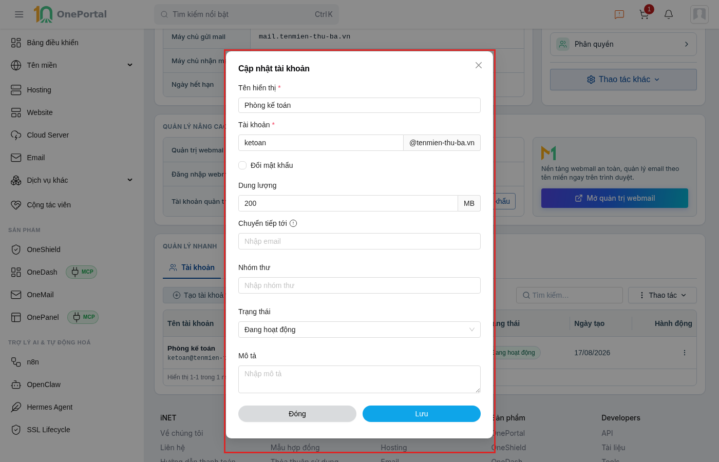Hộp thoại Cập nhật tài khoản trên OnePortal, khoanh đỏ toàn bộ hộp thoại, chỗ ô mật khẩu là checkbox Đổi mật khẩu, chỉ tick khi muốn đặt mật khẩu mới